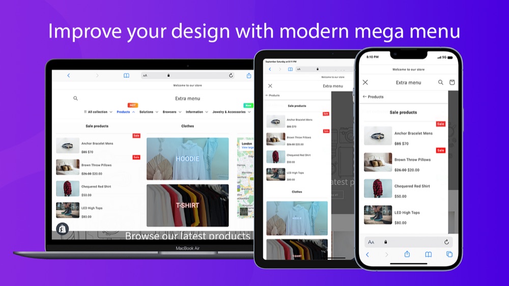 ANG Extra Menu mega menu open on a Shopify storefront