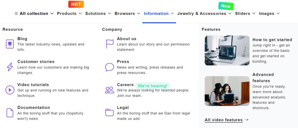 ANG Extra Menu — a desktop mega menu open on a Shopify store